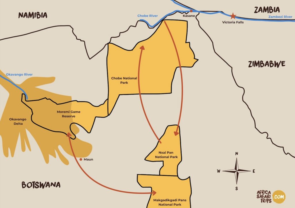 Mappa del Delta dell'Okavango, Moremi Game Reserve, Chobe, Nxai Pan e Makgadikgadi Pans in Botswana