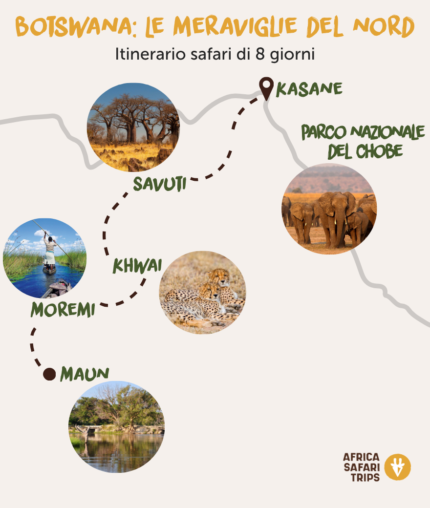 Mappa del percorso di safari in Botswana da Maun a Kasane attraverso Moremi, Khwai, Savuti e il Parco Nazionale Chobe