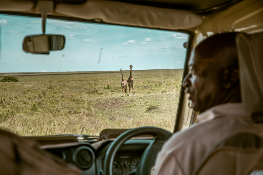 Guida safari giraffe jeep 4x4 nel Masai Mara, Kenya.
