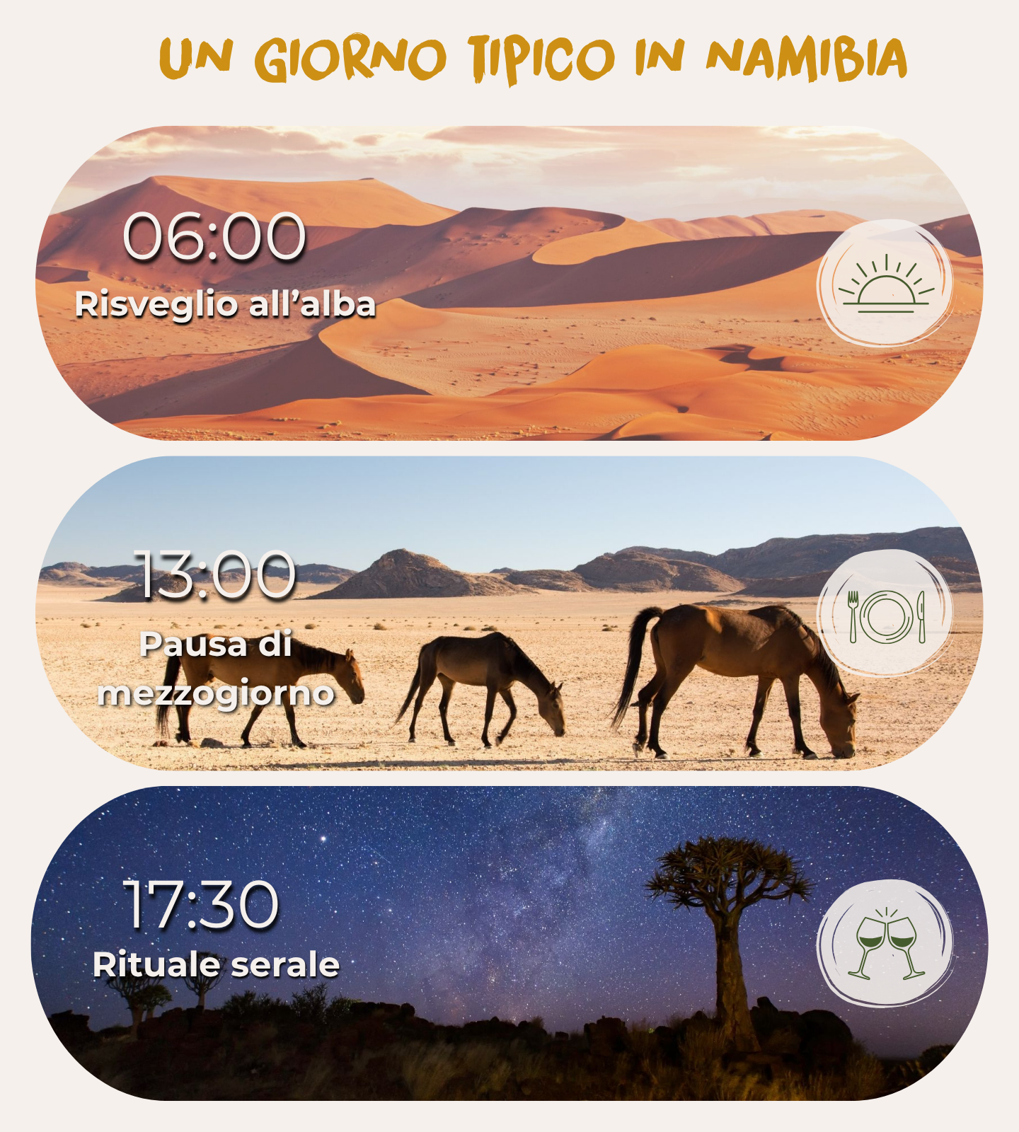 Descrizione di una giornata in Namibia: l’ora d’oro alle 6:00, la pausa pranzo alle 13:00 e il rituale serale alle 17:30