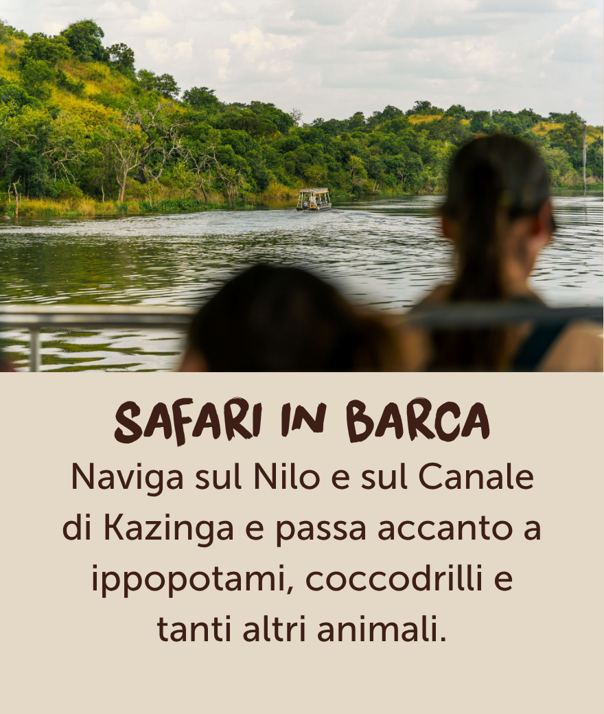 Travellers enjoying a boat safari on a wildlife-filled waterway in Uganda.